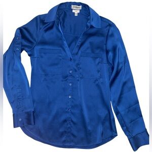 Express Slim XS TP Royal Satin Like Button Up Long Sleeved Collared Shirt Date